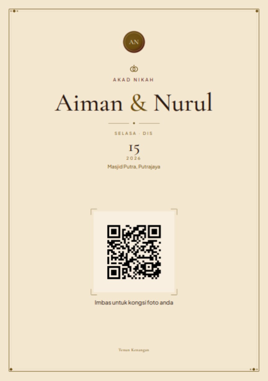 Kad meja bercetak dalam tema Benang Emas, membawa kod QR untuk diimbas tetamu.