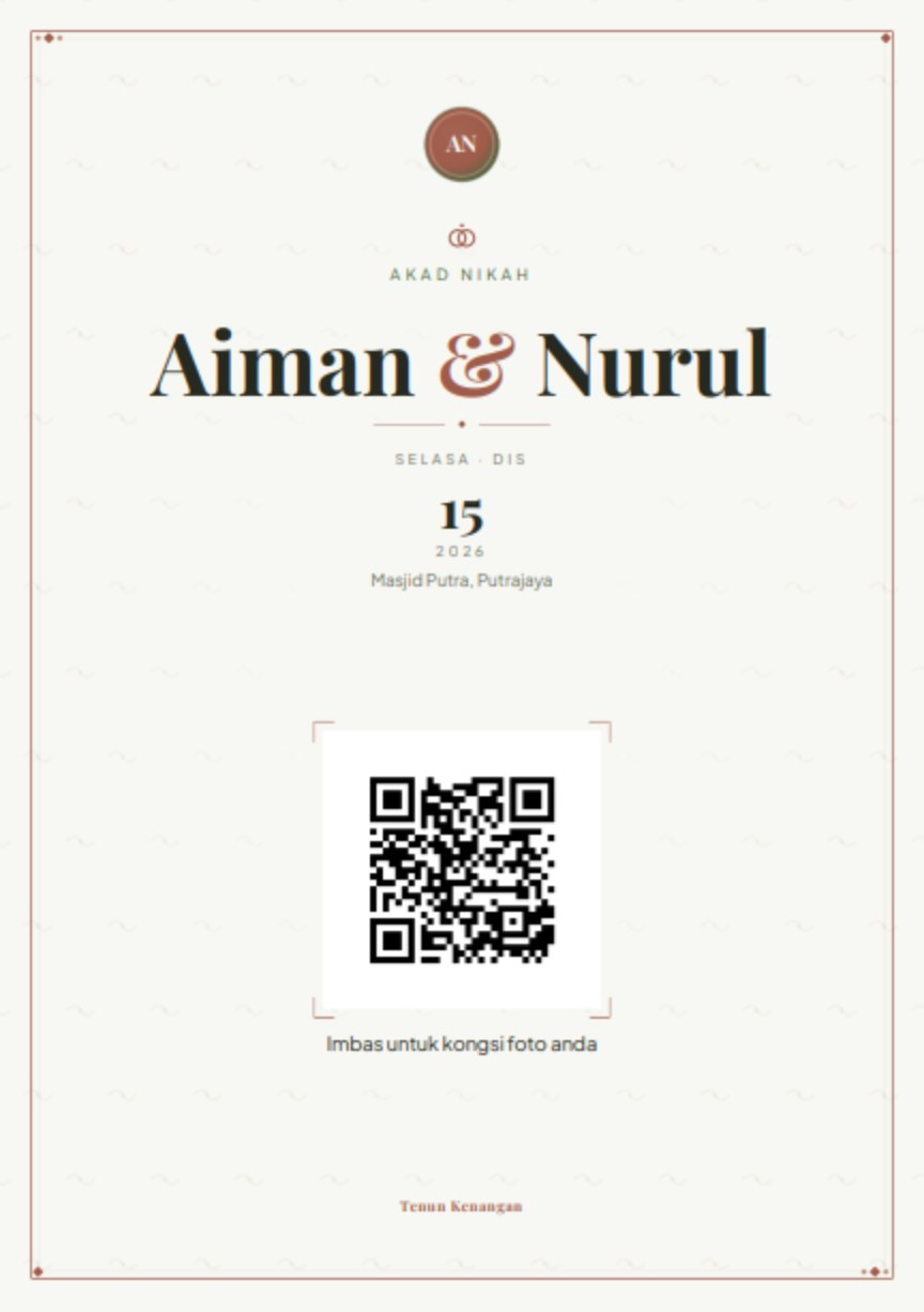 Kad meja bercetak dalam tema Taman Bunga, membawa kod QR untuk diimbas tetamu.