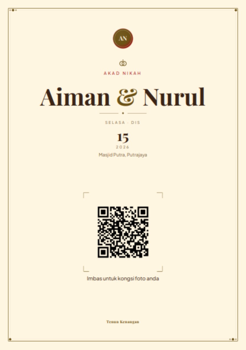Kad meja bercetak dalam tema Gerbang Pusaka, membawa kod QR untuk diimbas tetamu.