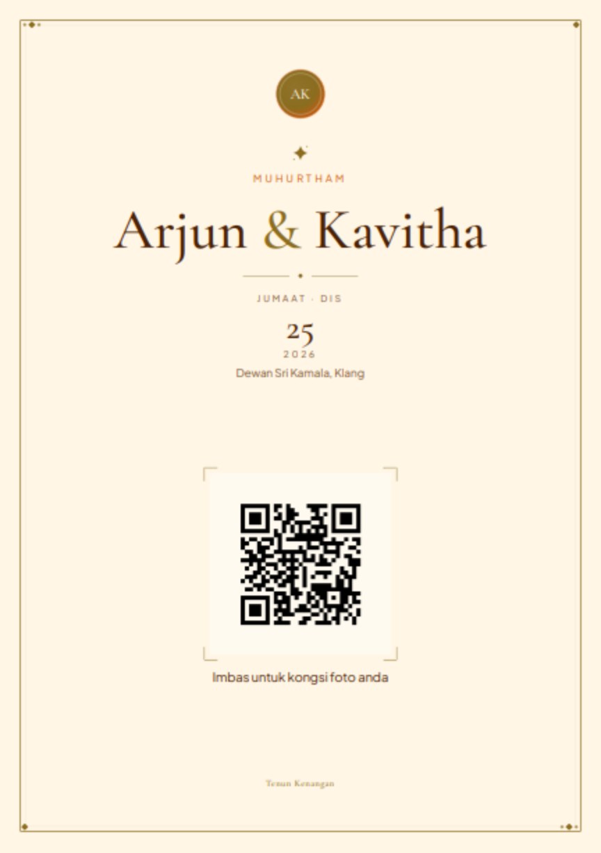Kad meja bercetak dalam tema Mandap Senja, membawa kod QR untuk diimbas tetamu.