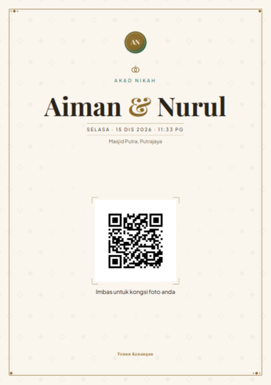 Kad meja bercetak dalam tema Melayu Klasik, membawa kod QR untuk diimbas tetamu.