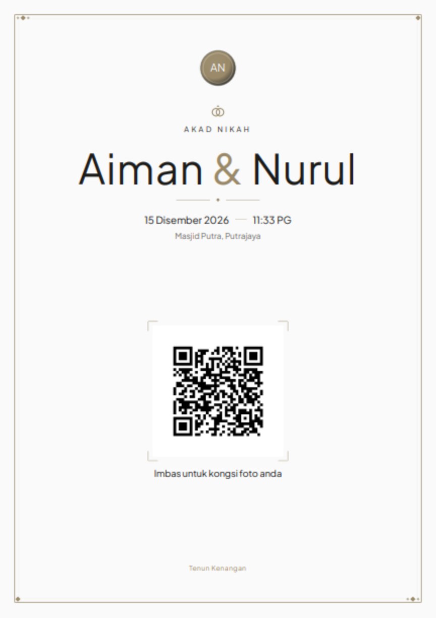 Kad meja bercetak dalam tema Moden Minimal, membawa kod QR untuk diimbas tetamu.