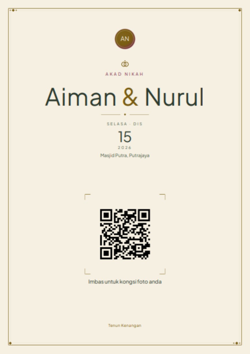 Kad meja bercetak dalam tema Rimba Pesona, membawa kod QR untuk diimbas tetamu.