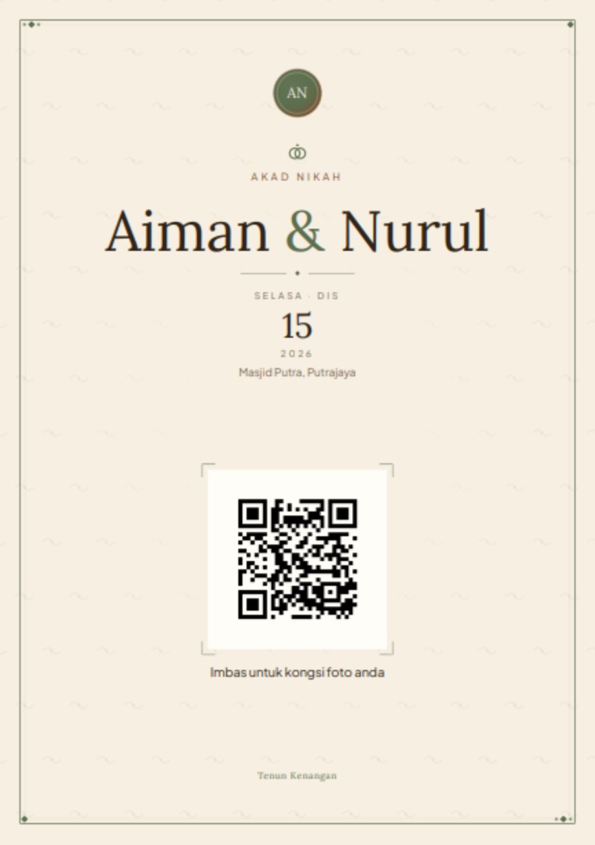 Kad meja bercetak dalam tema Rustik Kraf, membawa kod QR untuk diimbas tetamu.