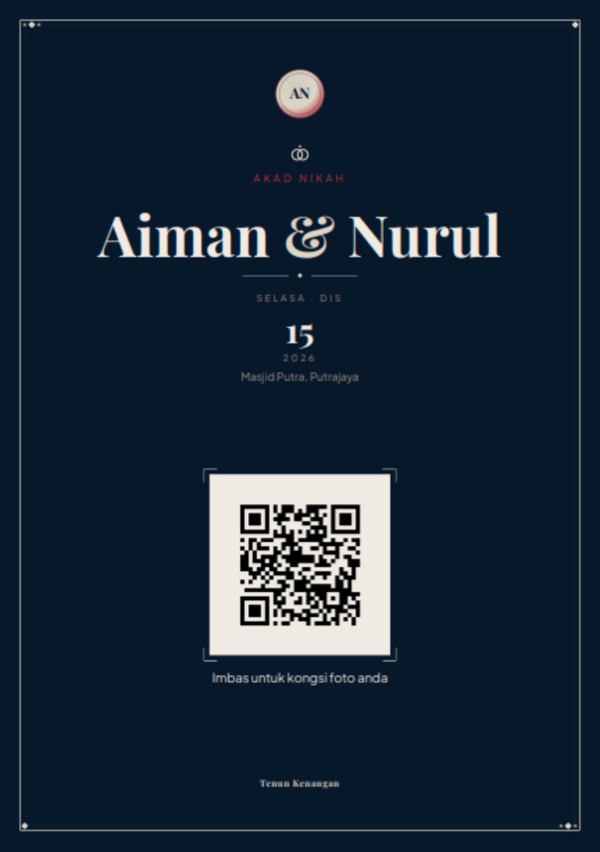 Kad meja bercetak dalam tema Tiket Kasih, membawa kod QR untuk diimbas tetamu.