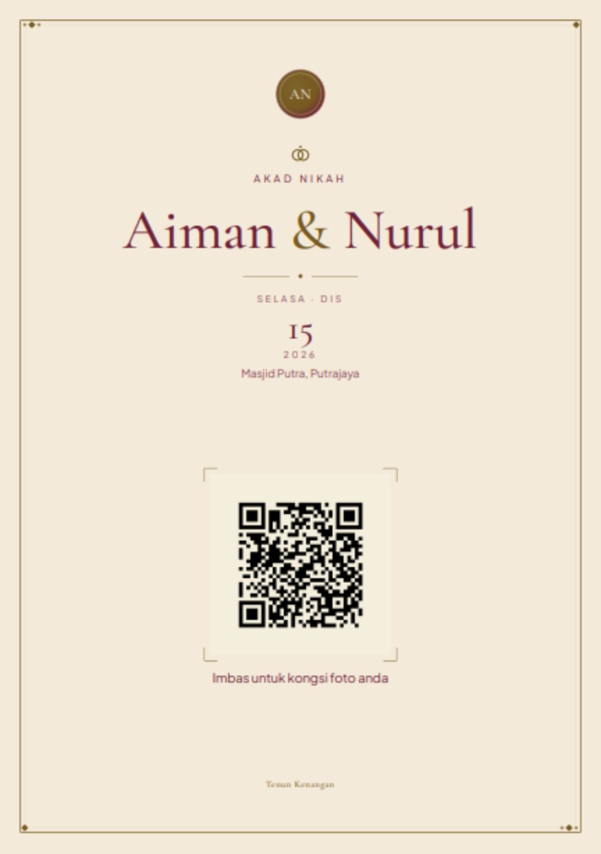 Kad meja bercetak dalam tema Tingkap Peranakan, membawa kod QR untuk diimbas tetamu.