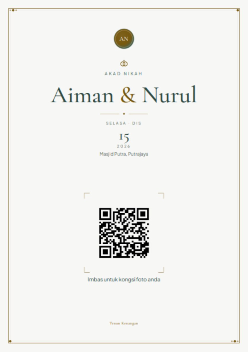 Kad meja bercetak dalam tema Warkah Zamrud, membawa kod QR untuk diimbas tetamu.