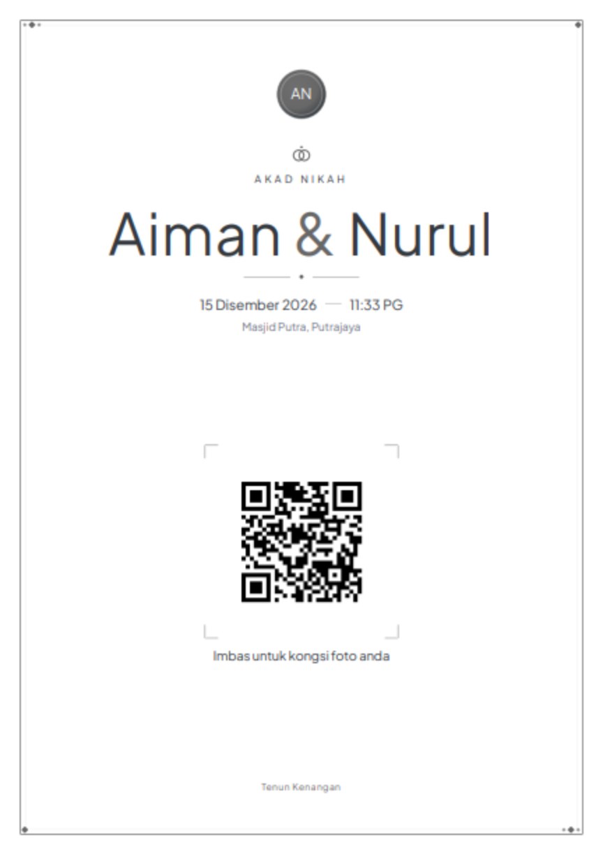 Kad meja bercetak dalam tema Warta Nikah, membawa kod QR untuk diimbas tetamu.